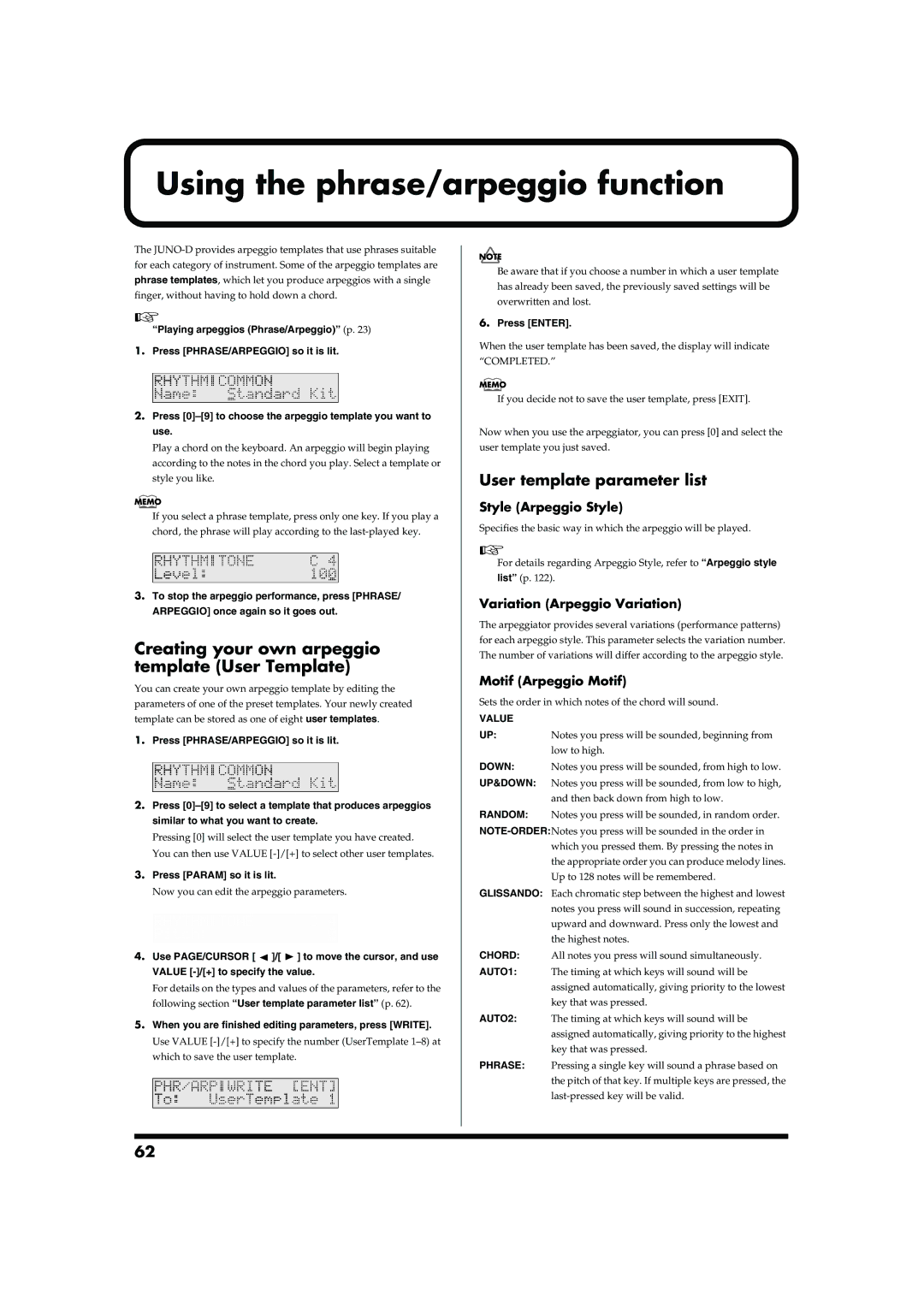 Roland JUNO-D owner manual Using the phrase/arpeggio function, Creating your own arpeggio template User Template 