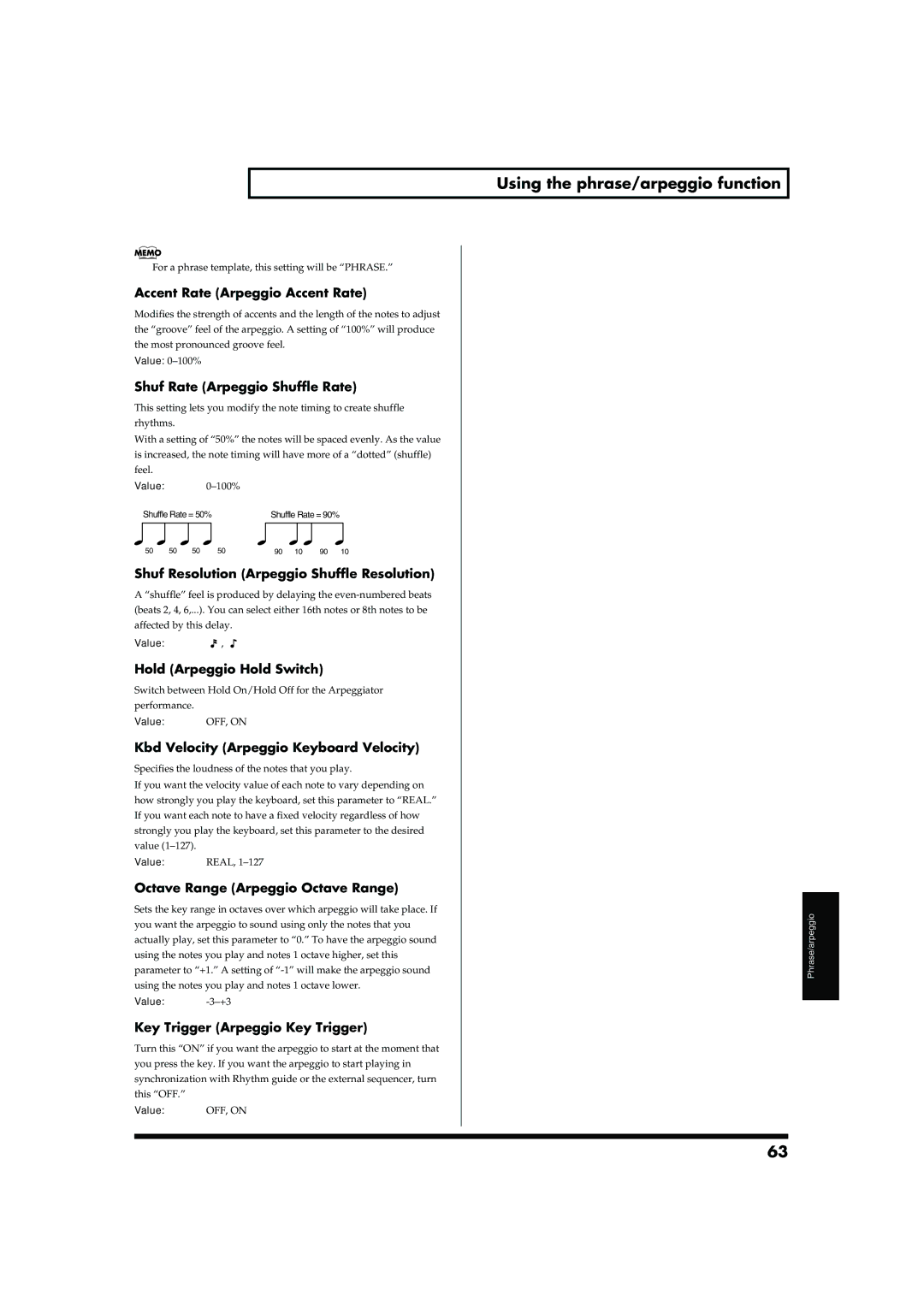 Roland JUNO-D owner manual Using the phrase/arpeggio function 