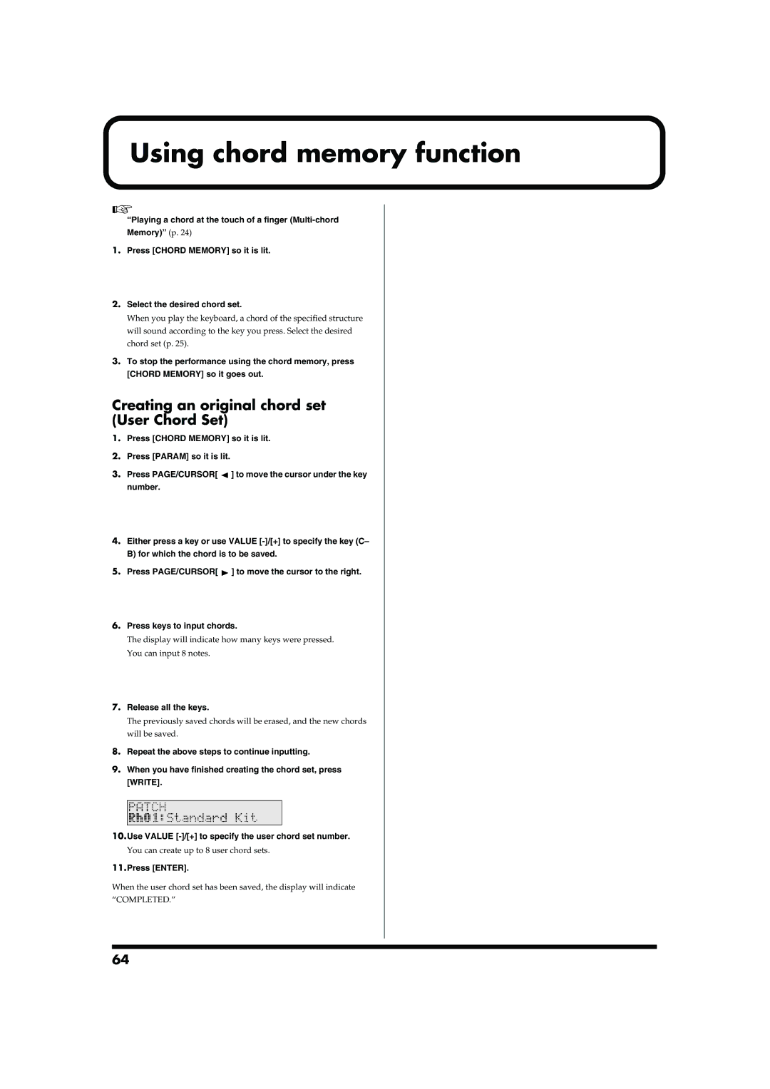 Roland JUNO-D owner manual Using chord memory function, Creating an original chord set User Chord Set 