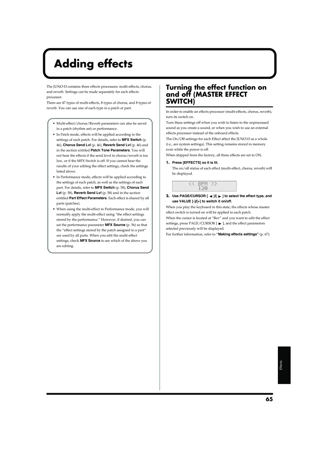 Roland JUNO-D owner manual Adding effects, Turning the effect function on and off Master Effect Switch 