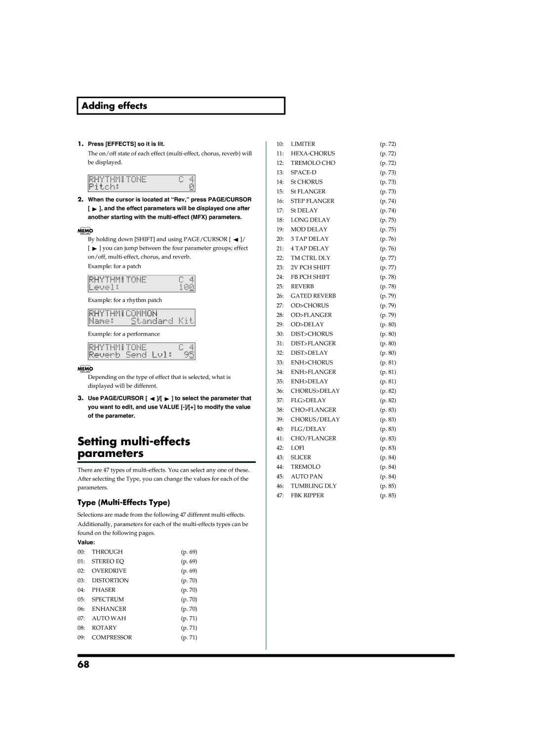 Roland JUNO-D owner manual Setting multi-effects parameters, Type Multi-Effects Type, Step Flanger 