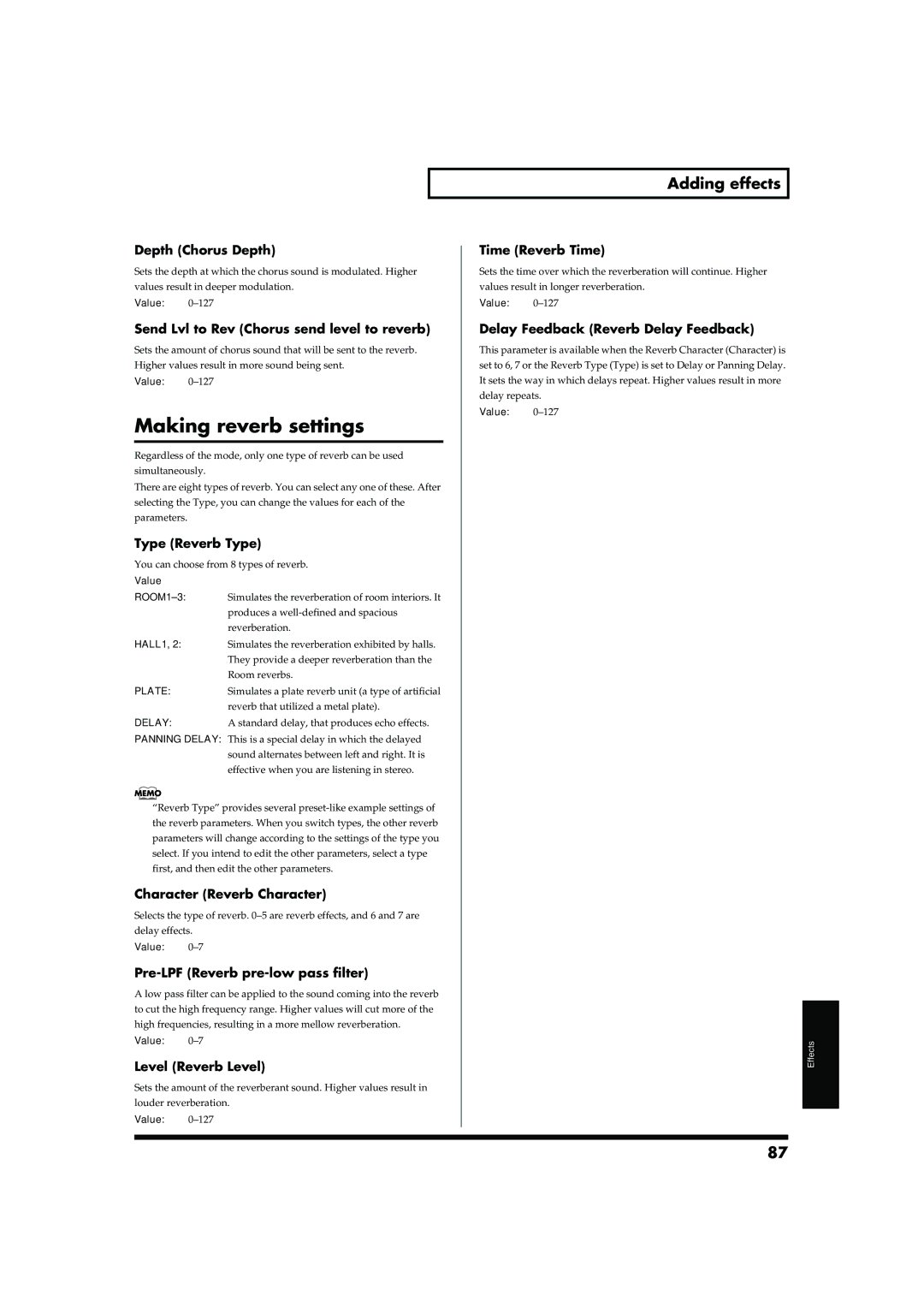 Roland JUNO-D owner manual Making reverb settings 