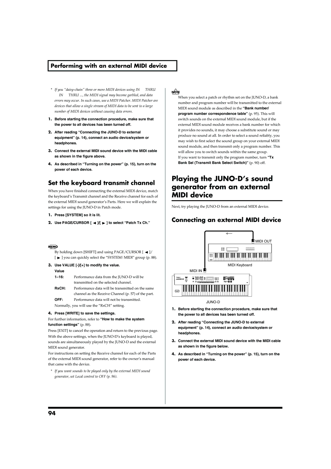 Roland JUNO-D Set the keyboard transmit channel, Connecting an external Midi device, Press Write to save the settings 