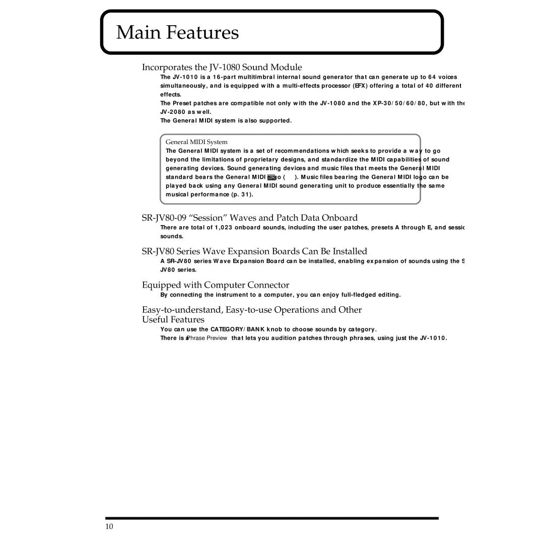 Roland JV-1010 owner manual Main Features, Incorporates the JV-1080 Sound Module 