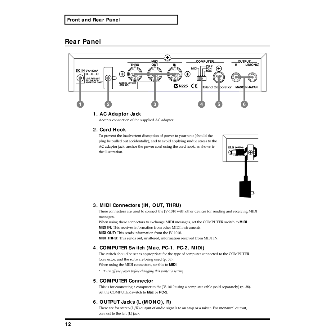 Roland JV-1010 Front and Rear Panel, AC Adaptor Jack, Cord Hook, Midi Connectors IN, OUT, Thru, Computer Connector 