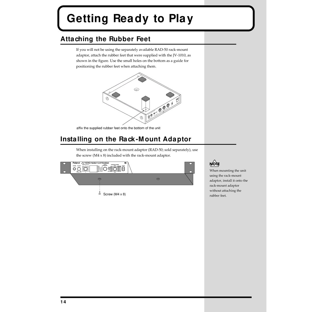 Roland JV-1010 owner manual Getting Ready to Play, Attaching the Rubber Feet, Installing on the Rack-Mount Adaptor 