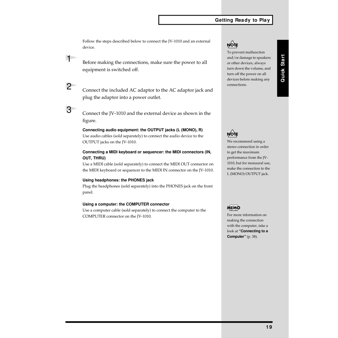 Roland JV-1010 Connecting audio equipment the Output jacks L MONO, R, Using headphones the Phones jack, Computer p 