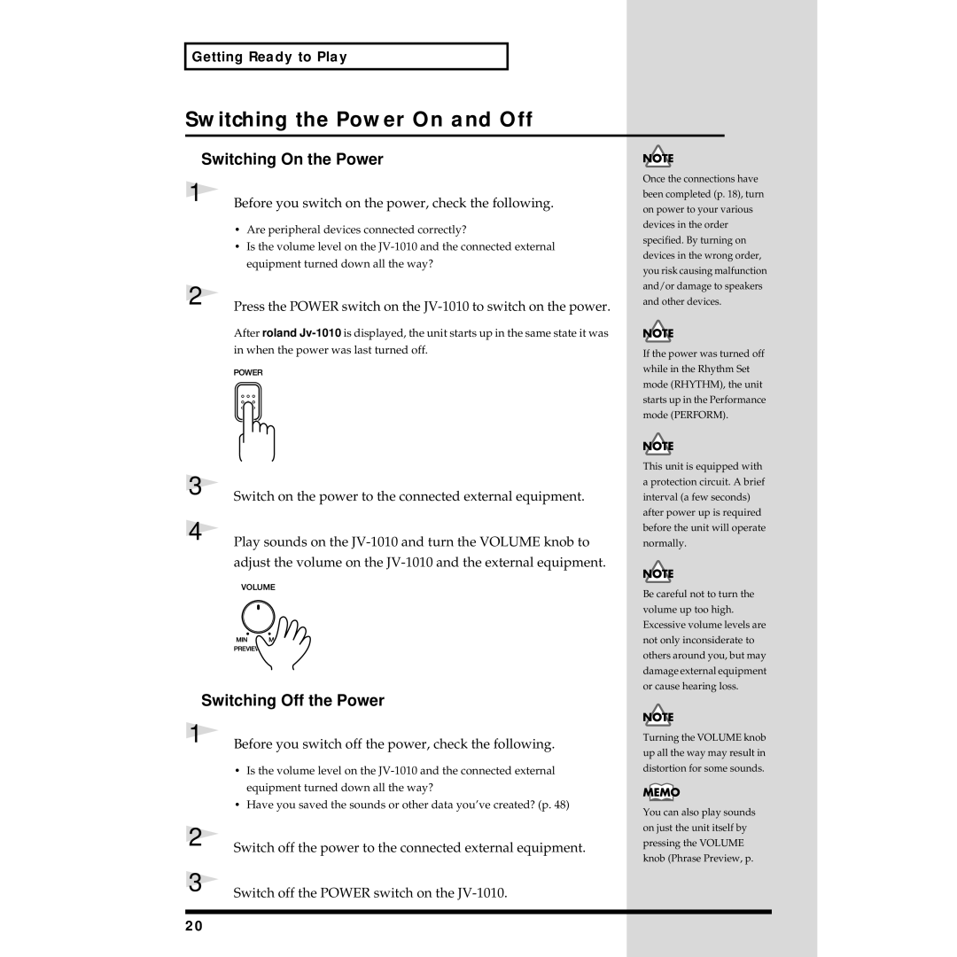 Roland JV-1010 owner manual Switching the Power On and Off, Switching On the Power, Switching Off the Power 