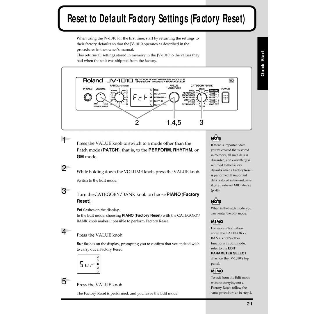 Roland JV-1010 owner manual Turn the CATEGORY/BANK knob to choose Piano Factory Reset, Press the Value knob 