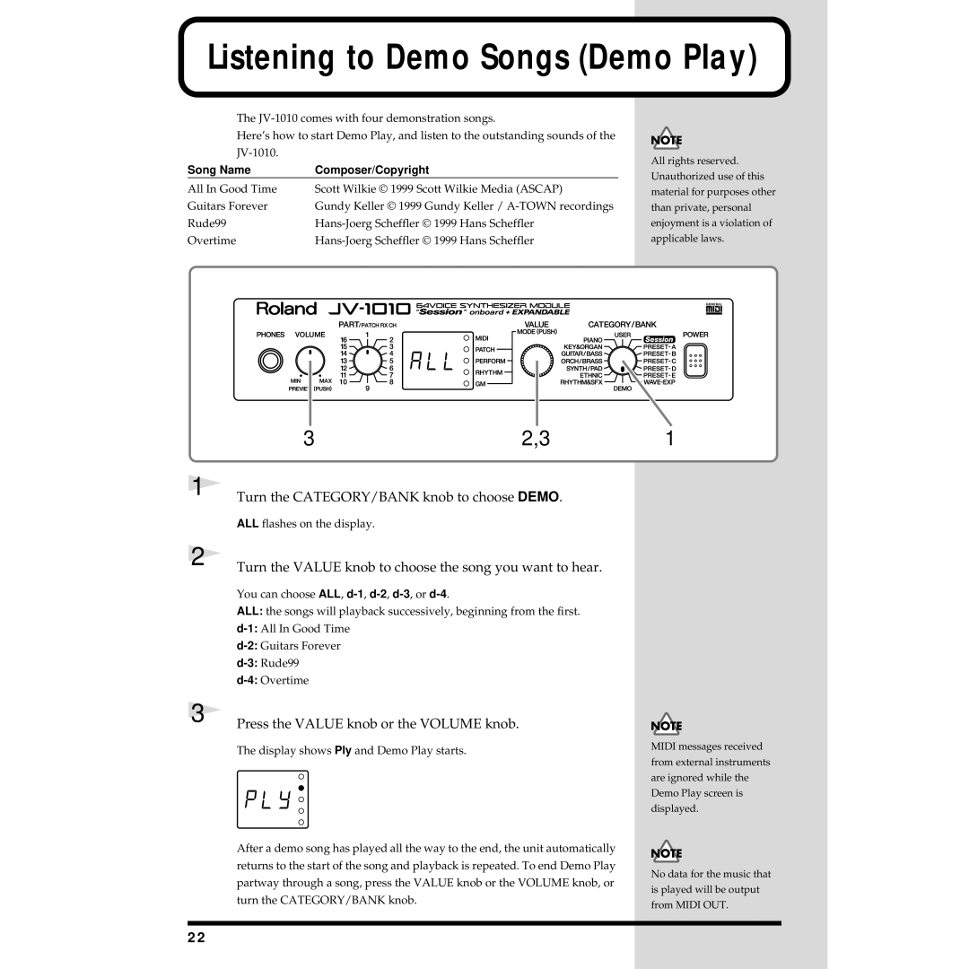 Roland JV-1010 Listening to Demo Songs Demo Play, Turn the CATEGORY/BANK knob to choose Demo, Song Name Composer/Copyright 