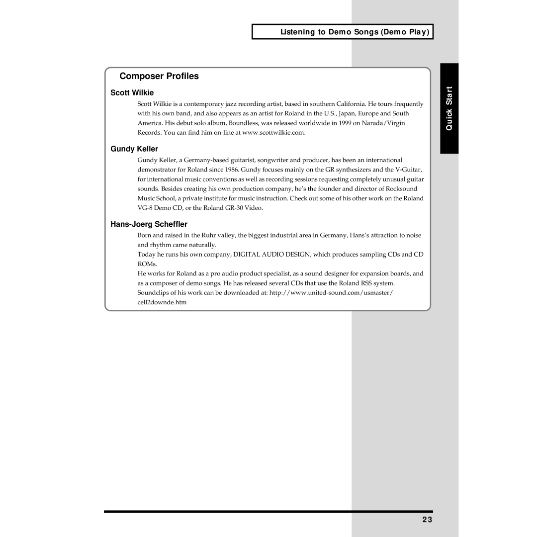 Roland JV-1010 Composer Profiles, Listening to Demo Songs Demo Play, Scott Wilkie Gundy Keller, Hans-Joerg Scheffler 