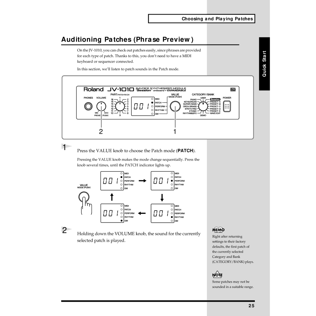 Roland JV-1010 owner manual Auditioning Patches Phrase Preview, Choosing and Playing Patches, Selected patch is played 