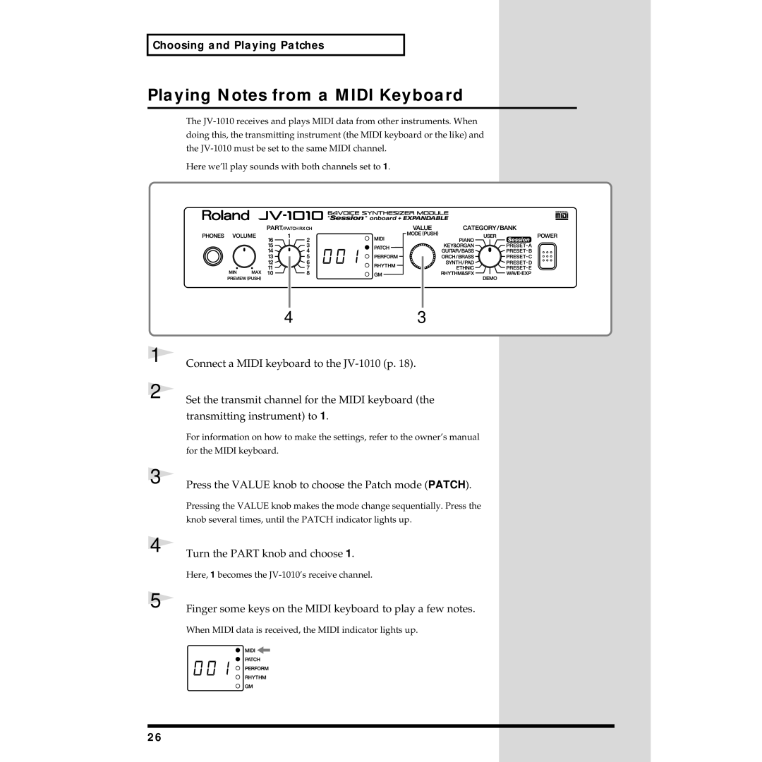 Roland JV-1010 owner manual Playing Notes from a Midi Keyboard, Turn the Part knob and choose 