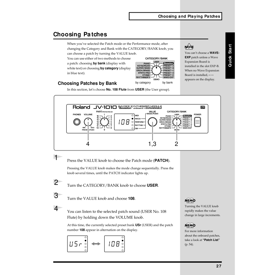 Roland JV-1010 owner manual Choosing Patches by Bank 