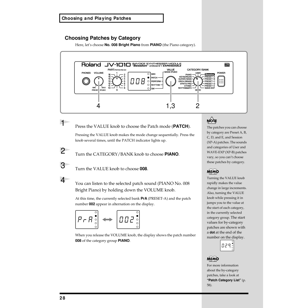 Roland JV-1010 Choosing Patches by Category, Turn the CATEGORY/BANK knob to choose Piano, Turn the Value knob to choose 