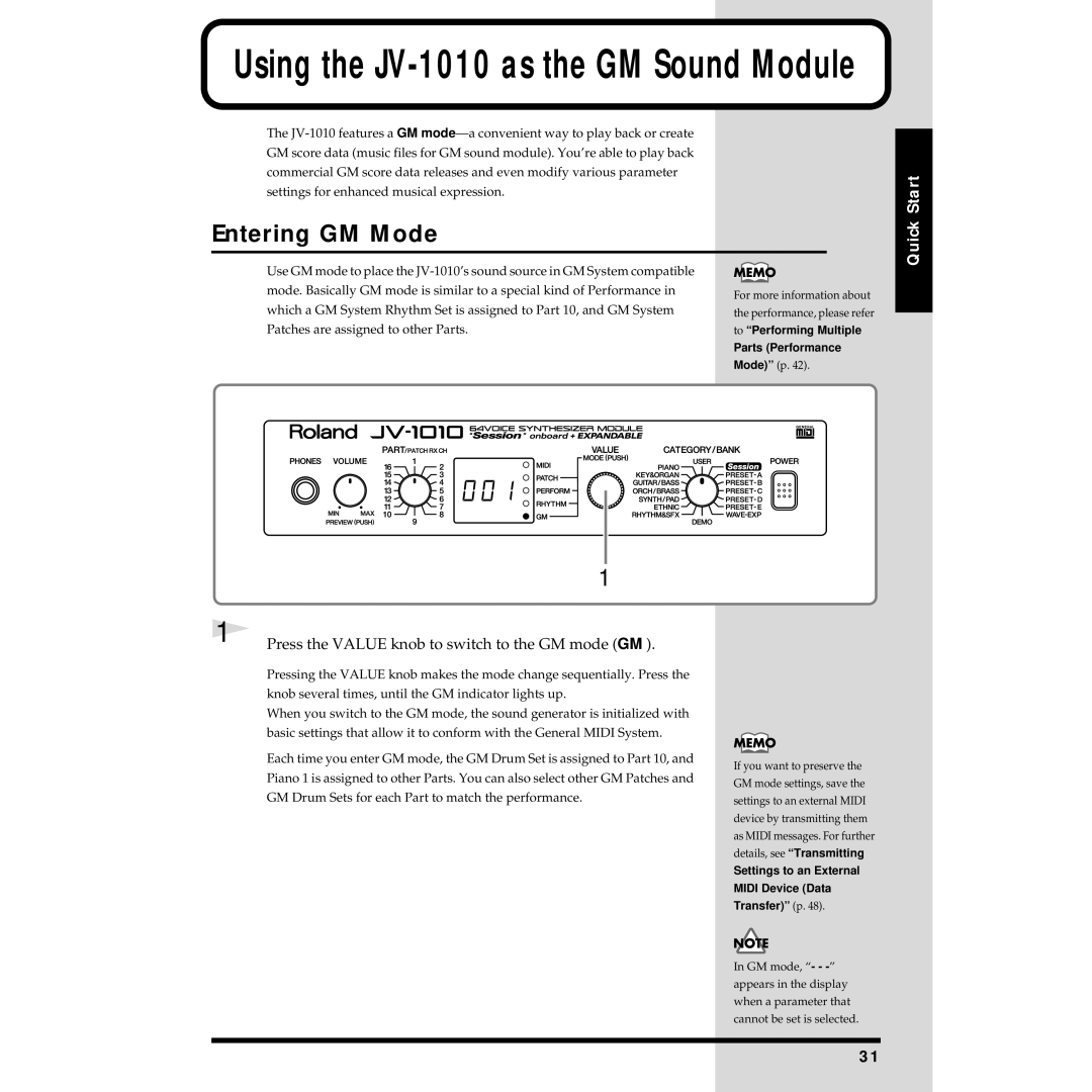 Roland JV-1010 owner manual Entering GM Mode, Press the Value knob to switch to the GM mode GM 