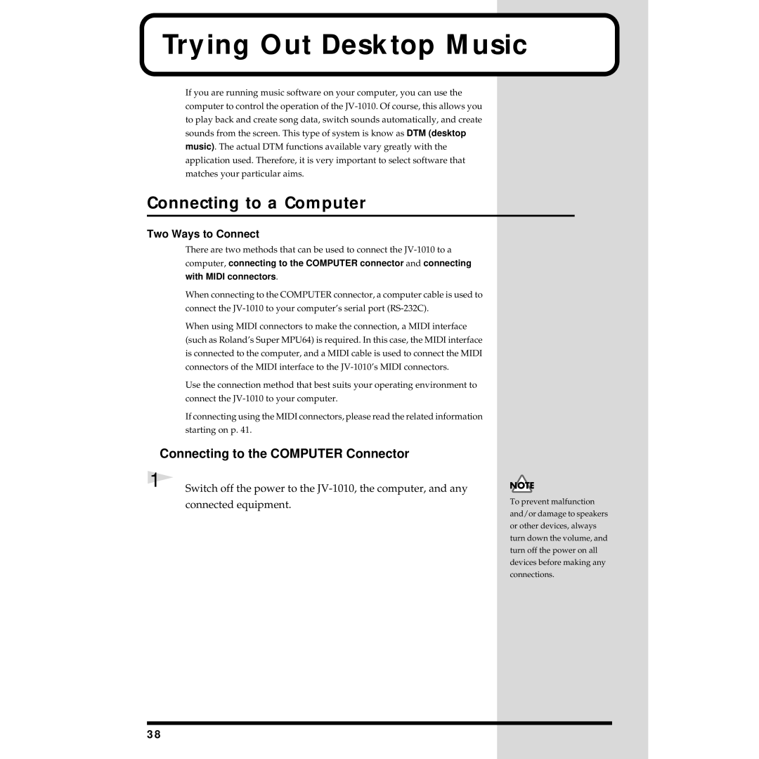 Roland JV-1010 owner manual Trying Out Desktop Music, Connecting to a Computer, Connecting to the Computer Connector 