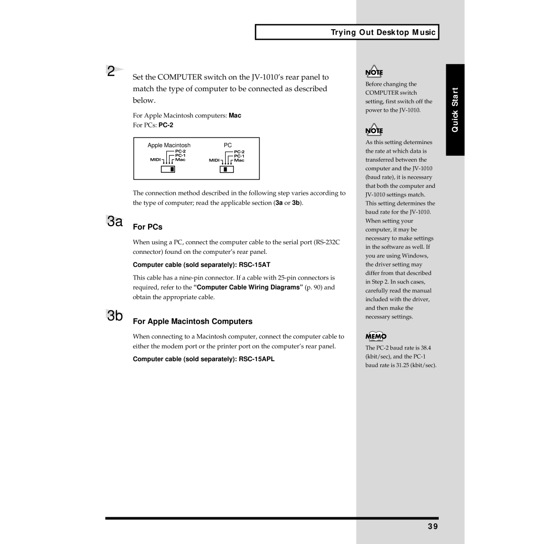 Roland JV-1010 Trying Out Desktop Music, For PCs, For Apple Macintosh Computers, Computer cable sold separately RSC-15AT 