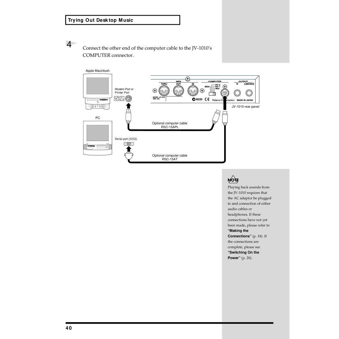 Roland owner manual Connect the other end of the computer cable to the JV-1010’s, Computer connector 