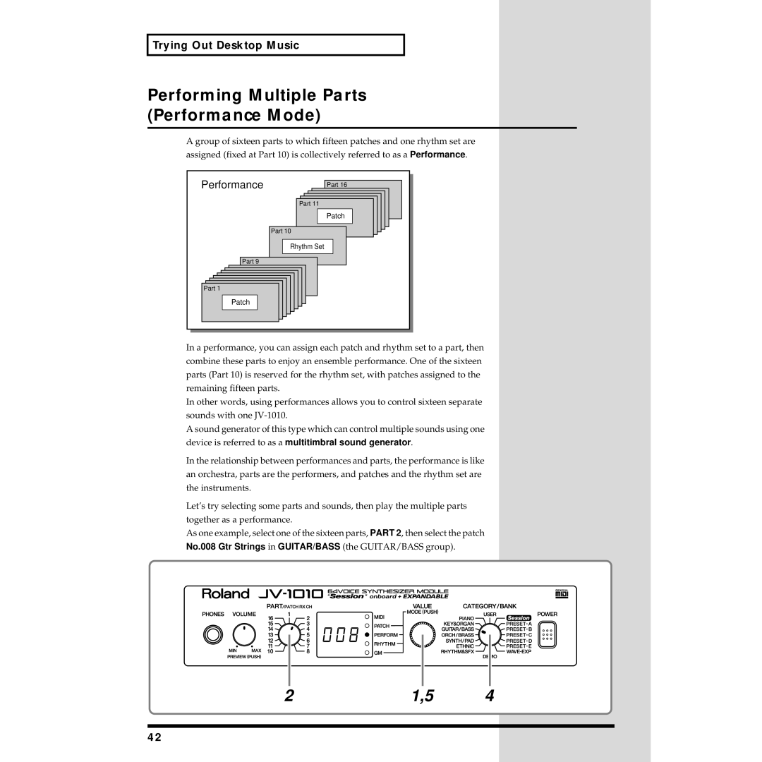 Roland JV-1010 owner manual Performing Multiple Parts Performance Mode 