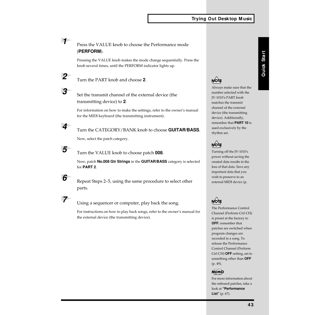 Roland JV-1010 Press the Value knob to choose the Performance mode, Turn the Value knob to choose patch, For Part 
