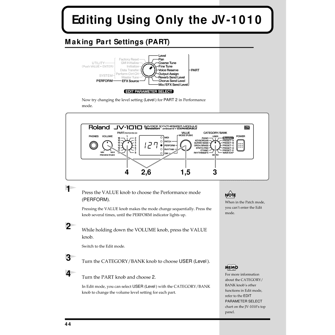 Roland owner manual Editing Using Only the JV-1010, Making Part Settings Part 