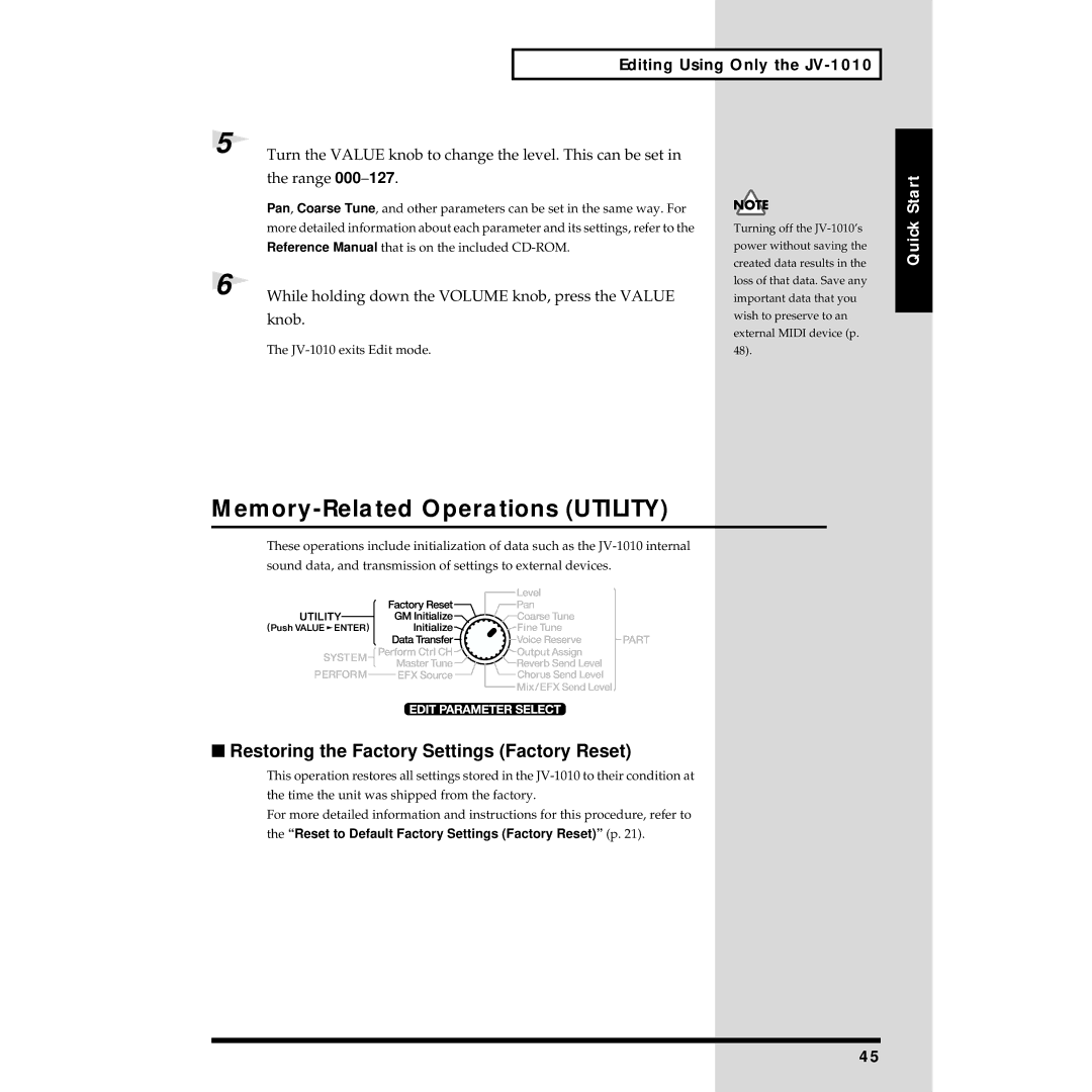 Roland JV-1010 owner manual Memory-Related Operations Utility, Restoring the Factory Settings Factory Reset 