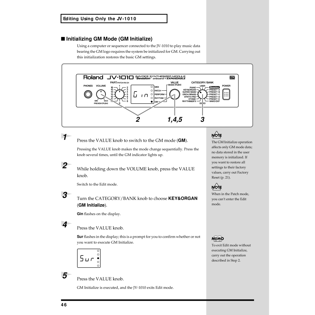 Roland JV-1010 owner manual Initializing GM Mode GM Initialize, Turn the CATEGORY/BANK knob to choose KEY&ORGAN 