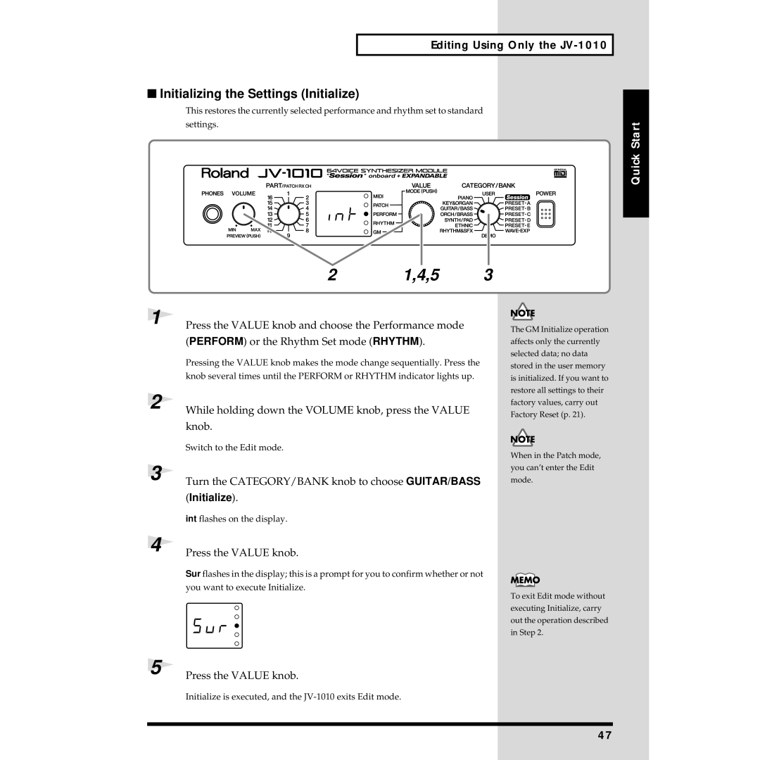 Roland JV-1010 owner manual Initializing the Settings Initialize 