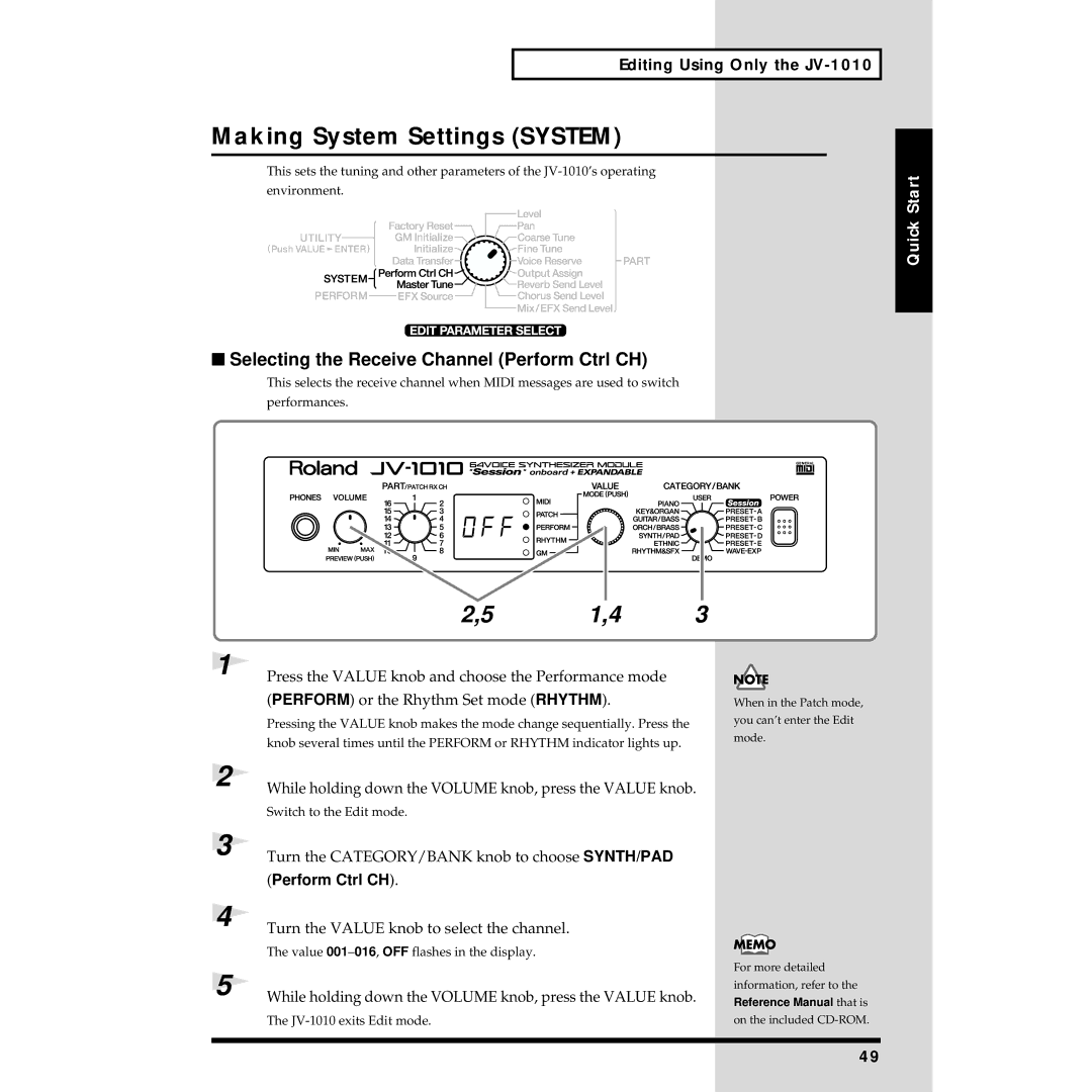 Roland JV-1010 owner manual Making System Settings System, Selecting the Receive Channel Perform Ctrl CH 