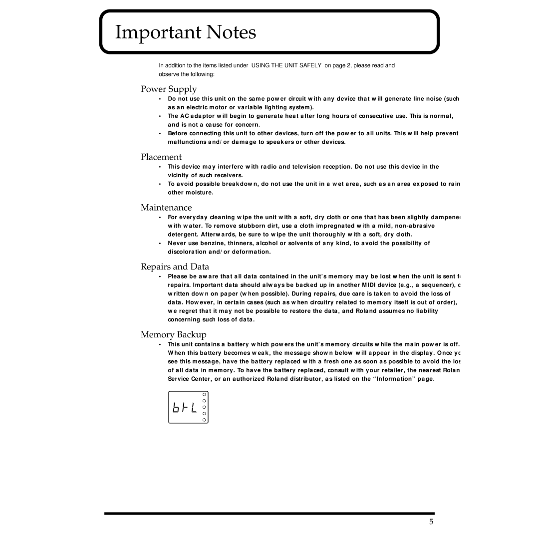 Roland JV-1010 owner manual Important Notes, Power Supply 