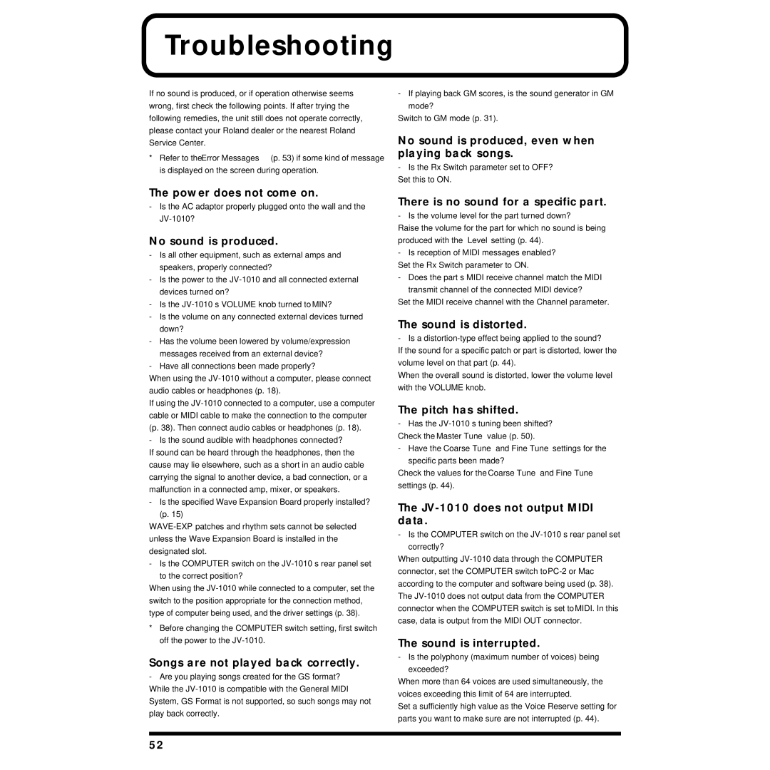 Roland JV-1010 owner manual Troubleshooting 