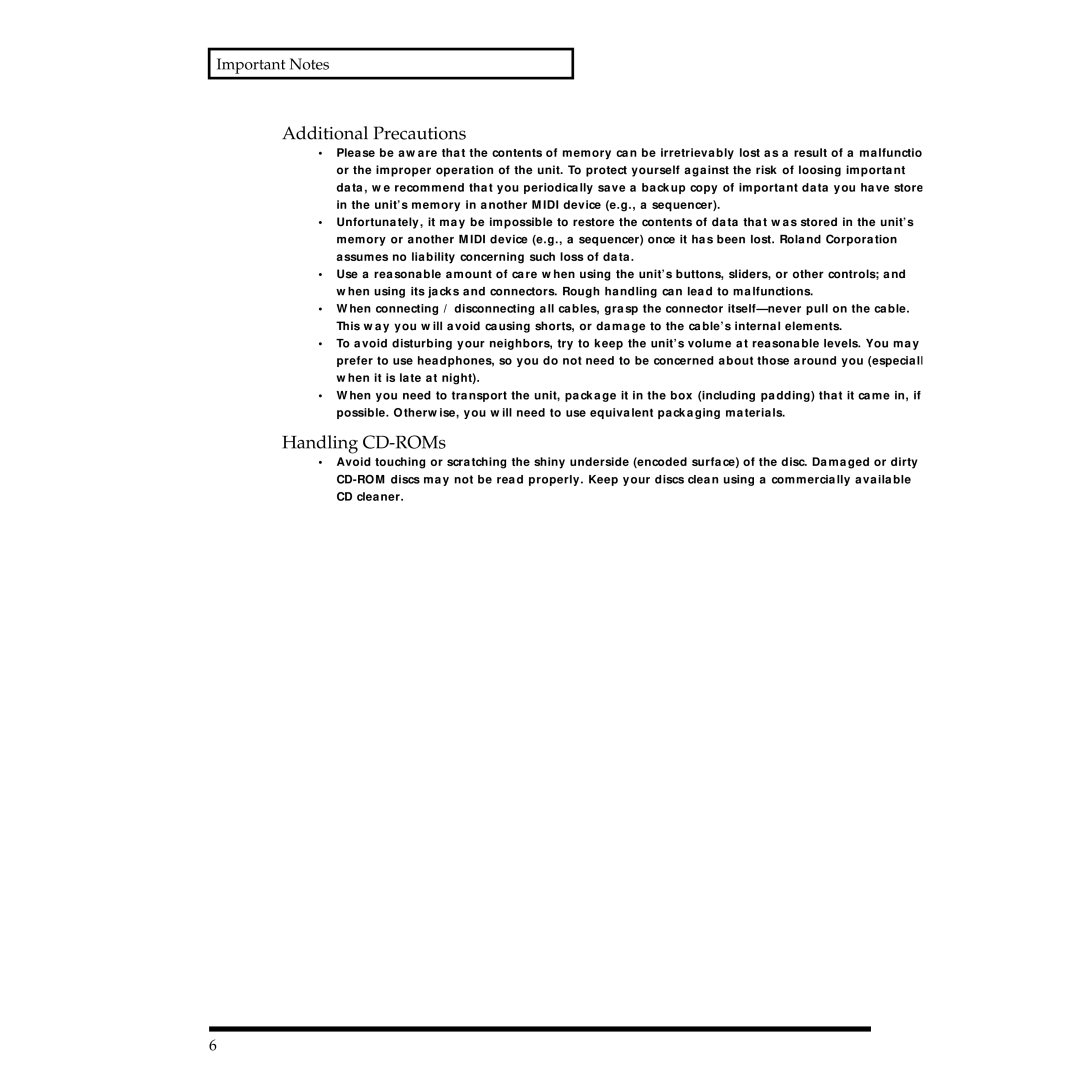 Roland JV-1010 owner manual Additional Precautions, Important Notes 