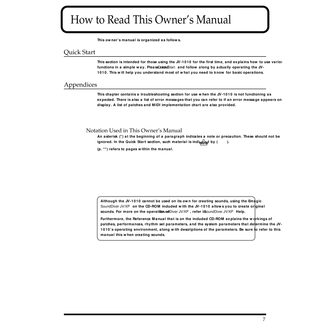 Roland JV-1010 owner manual Quick Start 