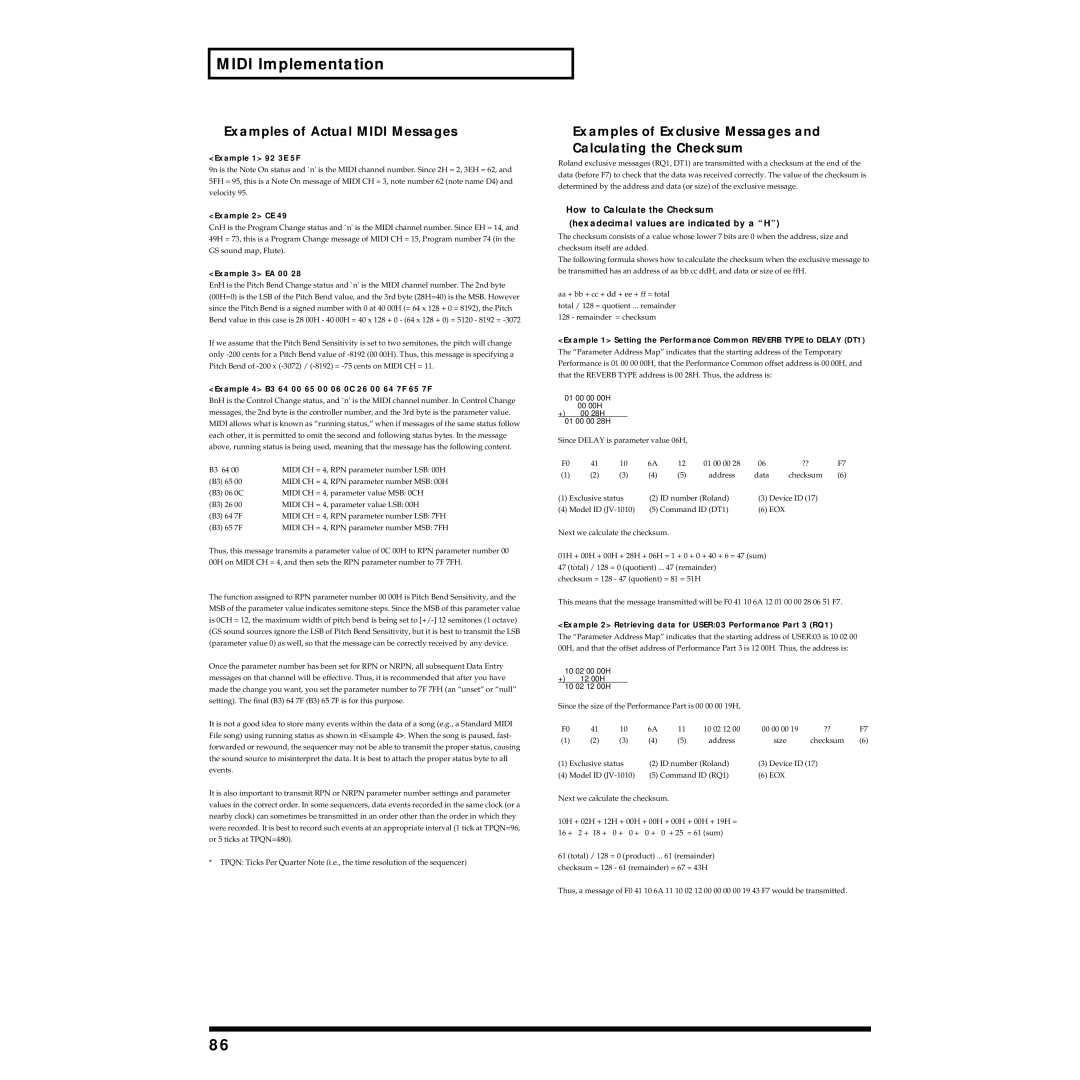 Roland JV-1010 owner manual Examples of Actual Midi Messages, Examples of Exclusive Messages Calculating the Checksum 