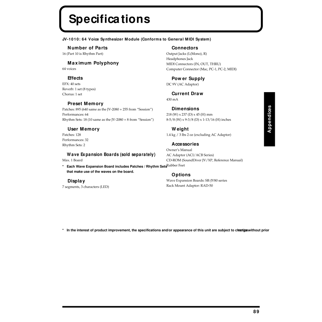 Roland JV-1010 owner manual Specifications 