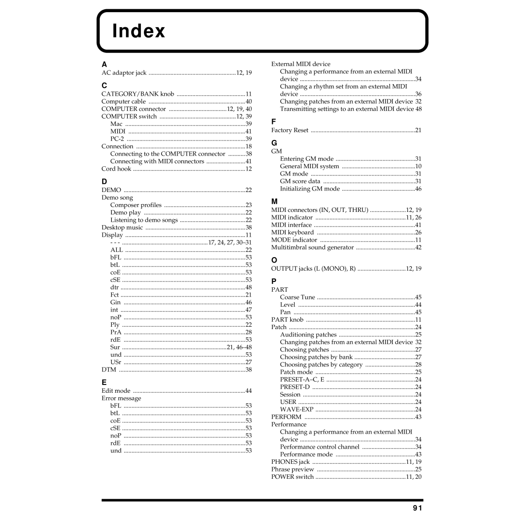 Roland JV-1010 owner manual Index, Part 