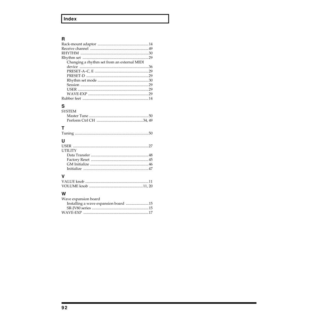 Roland JV-1010 owner manual Index, User Utility 