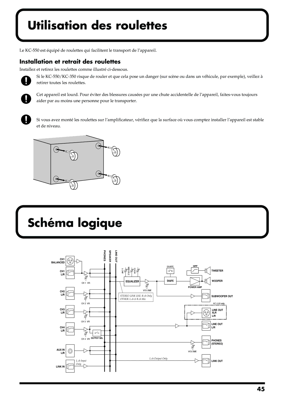 Roland KC-550, KC-350 manual Utilisation des roulettes, Schéma logique, Installation et retrait des roulettes 