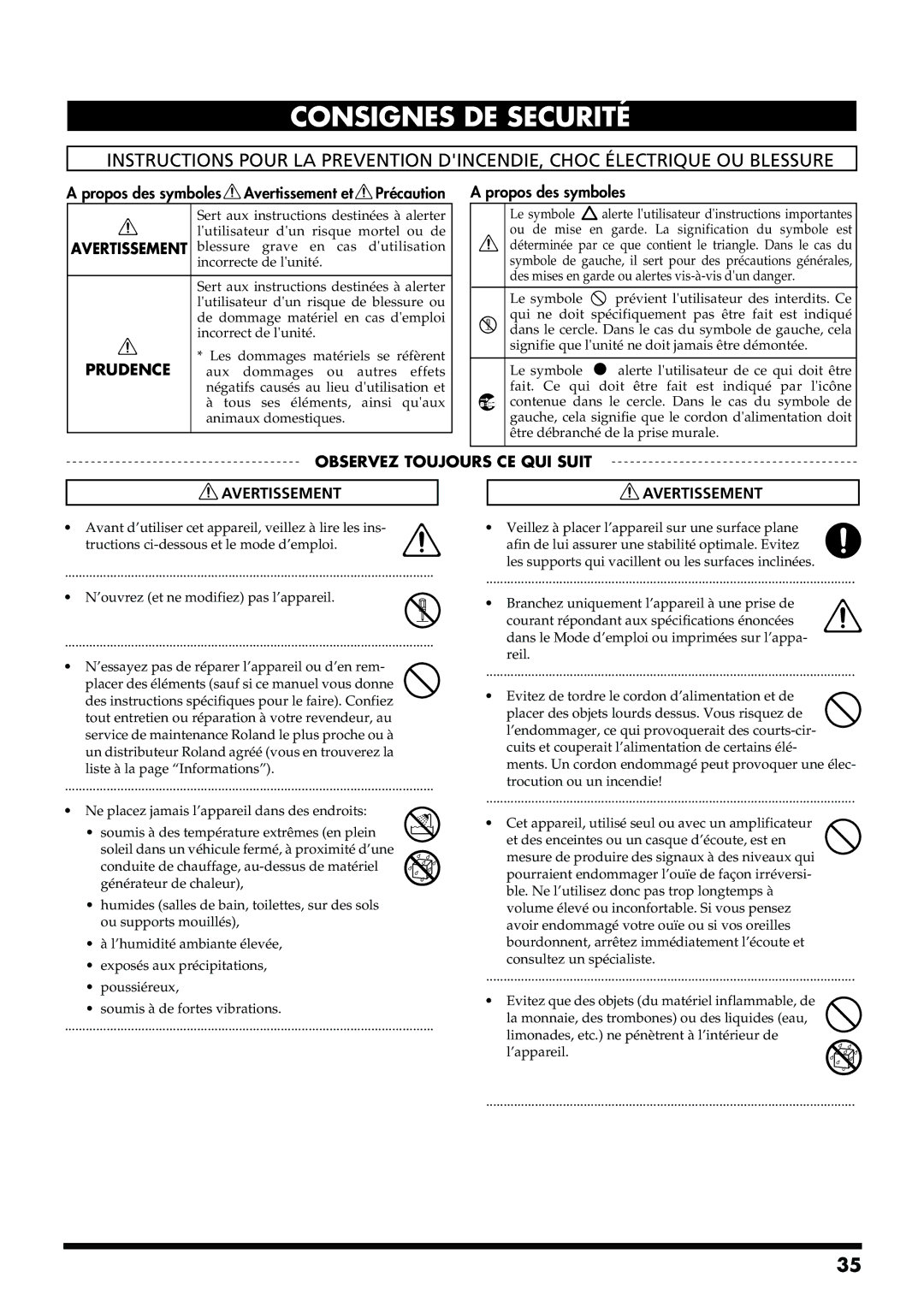 Roland KC-550, KC-350 manual Consignes DE Securité 