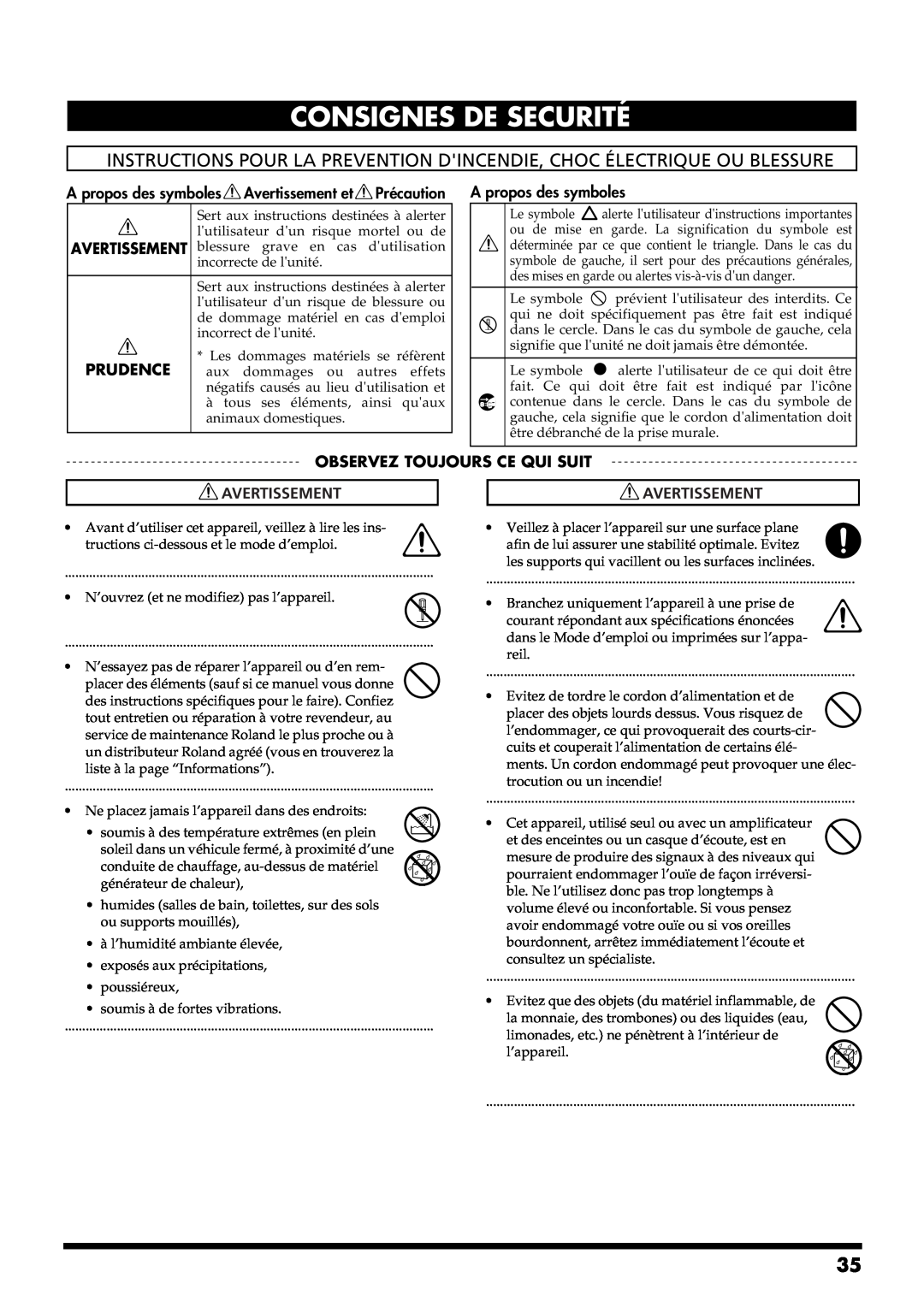 Roland KC-550, KC-350 manual Consignes De Securité, A propos des symbolesAvertissement etPrécaution, Prudence 