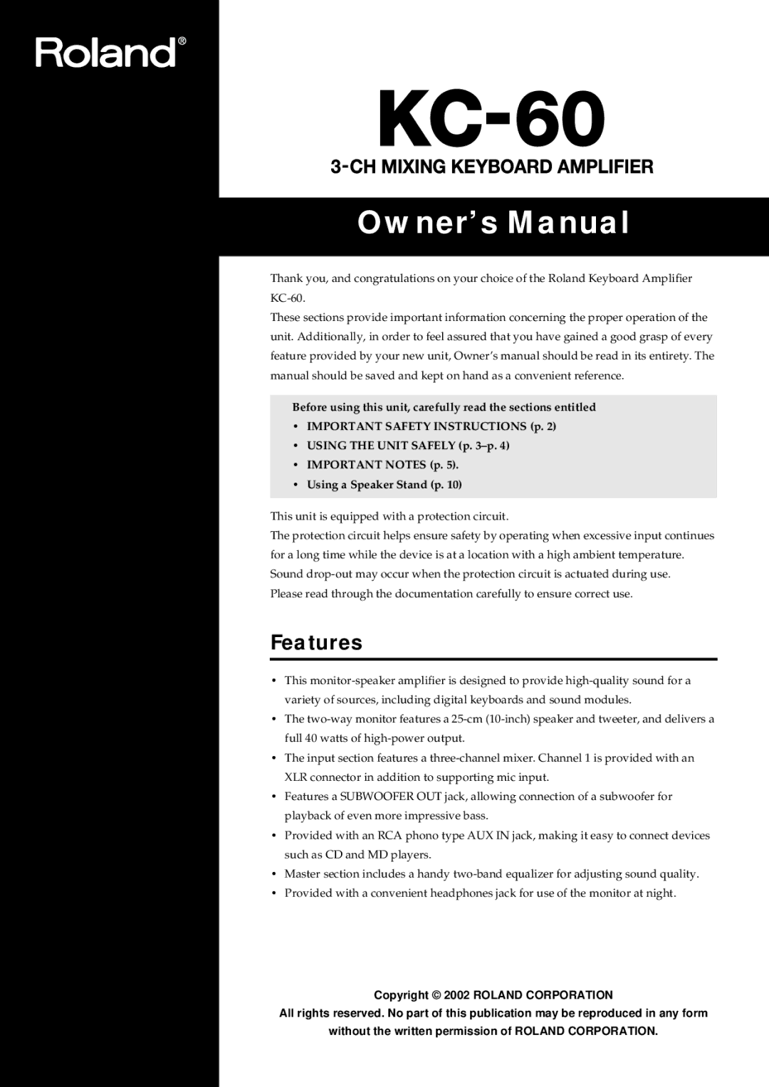 Roland KC-60 owner manual Features 