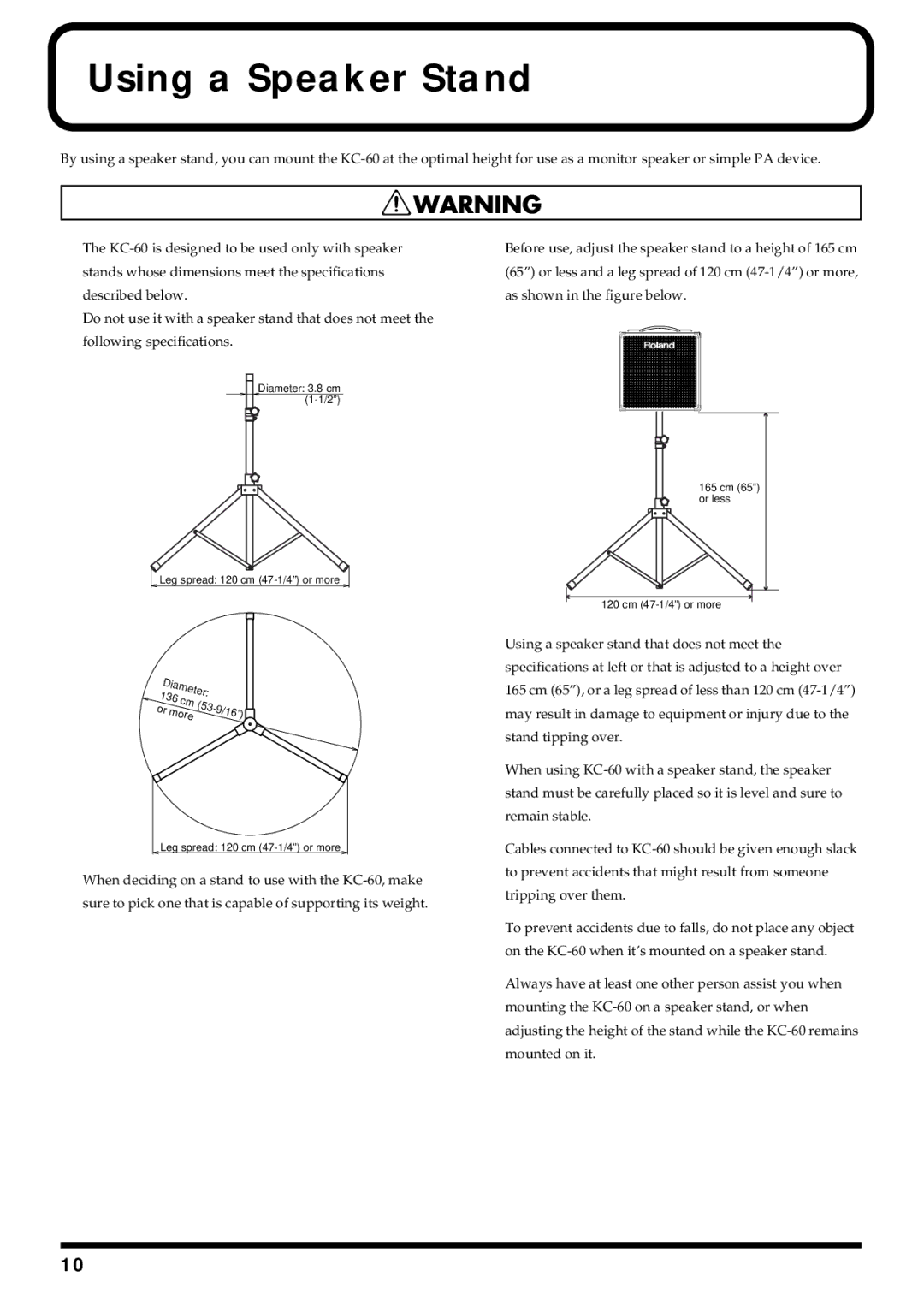 Roland KC-60 owner manual Using a Speaker Stand, Fig. Caution 