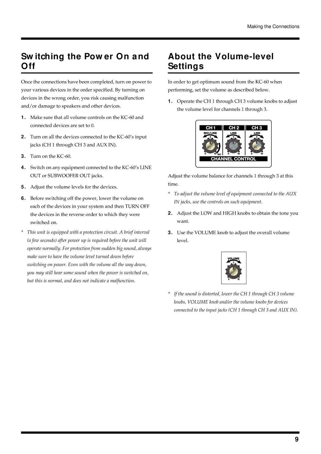 Roland KC-60 owner manual Switching the Power On and Off, About the Volume-level Settings 