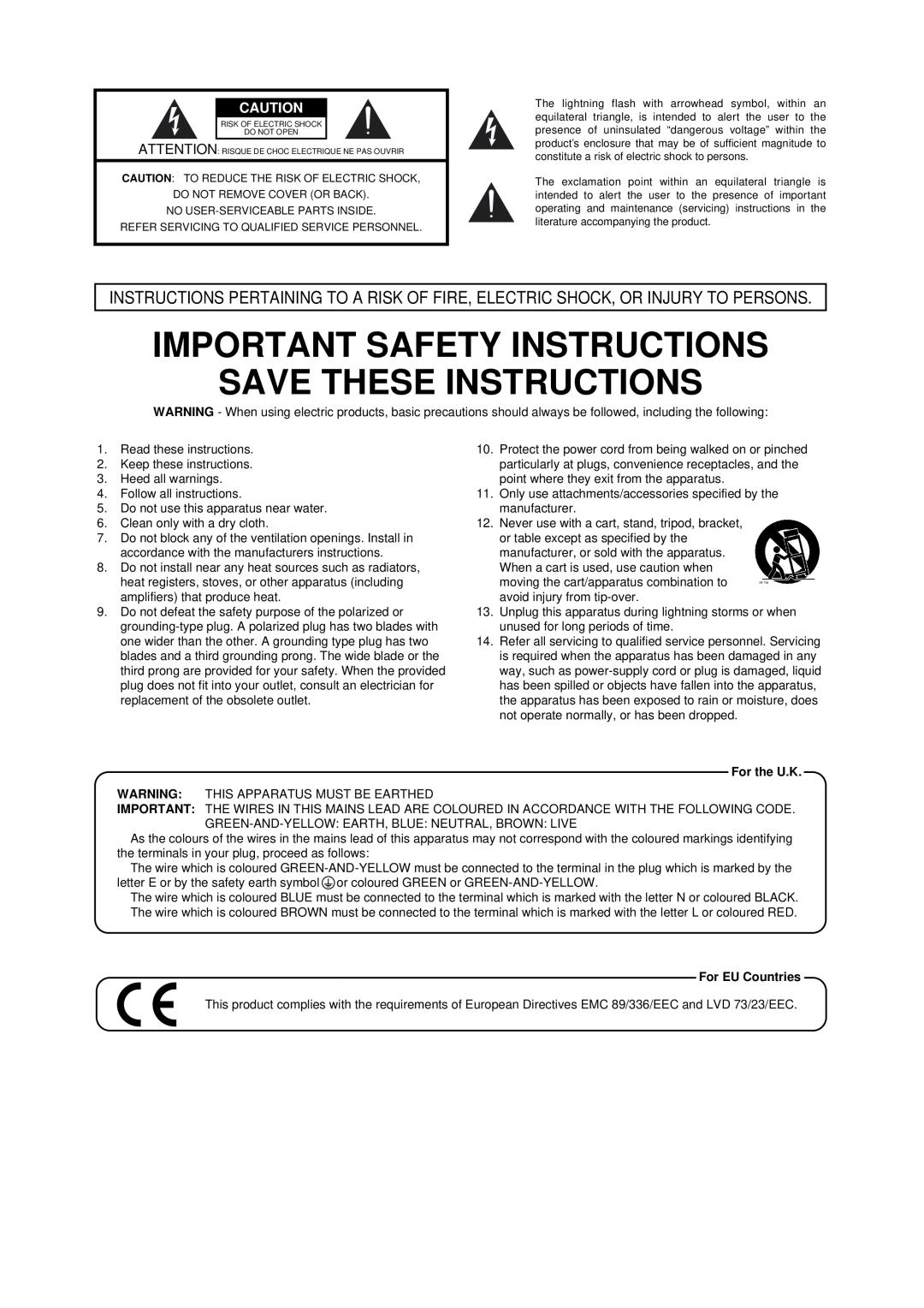 Roland KC-60 owner manual Important Safety Instructions Save These Instructions, For the U.K, For EU Countries 