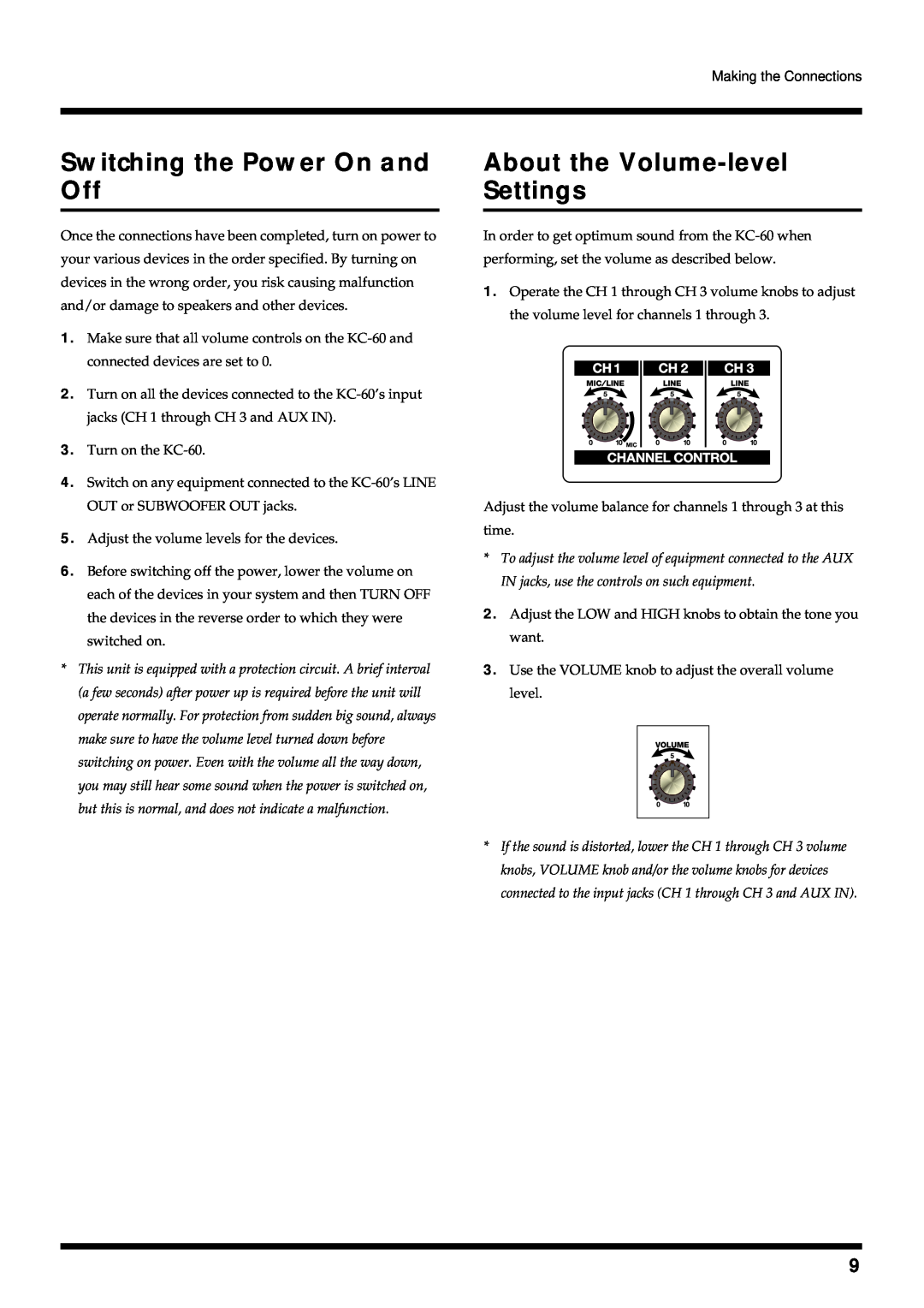 Roland KC-60 owner manual Switching the Power On and Off, About the Volume-level Settings 