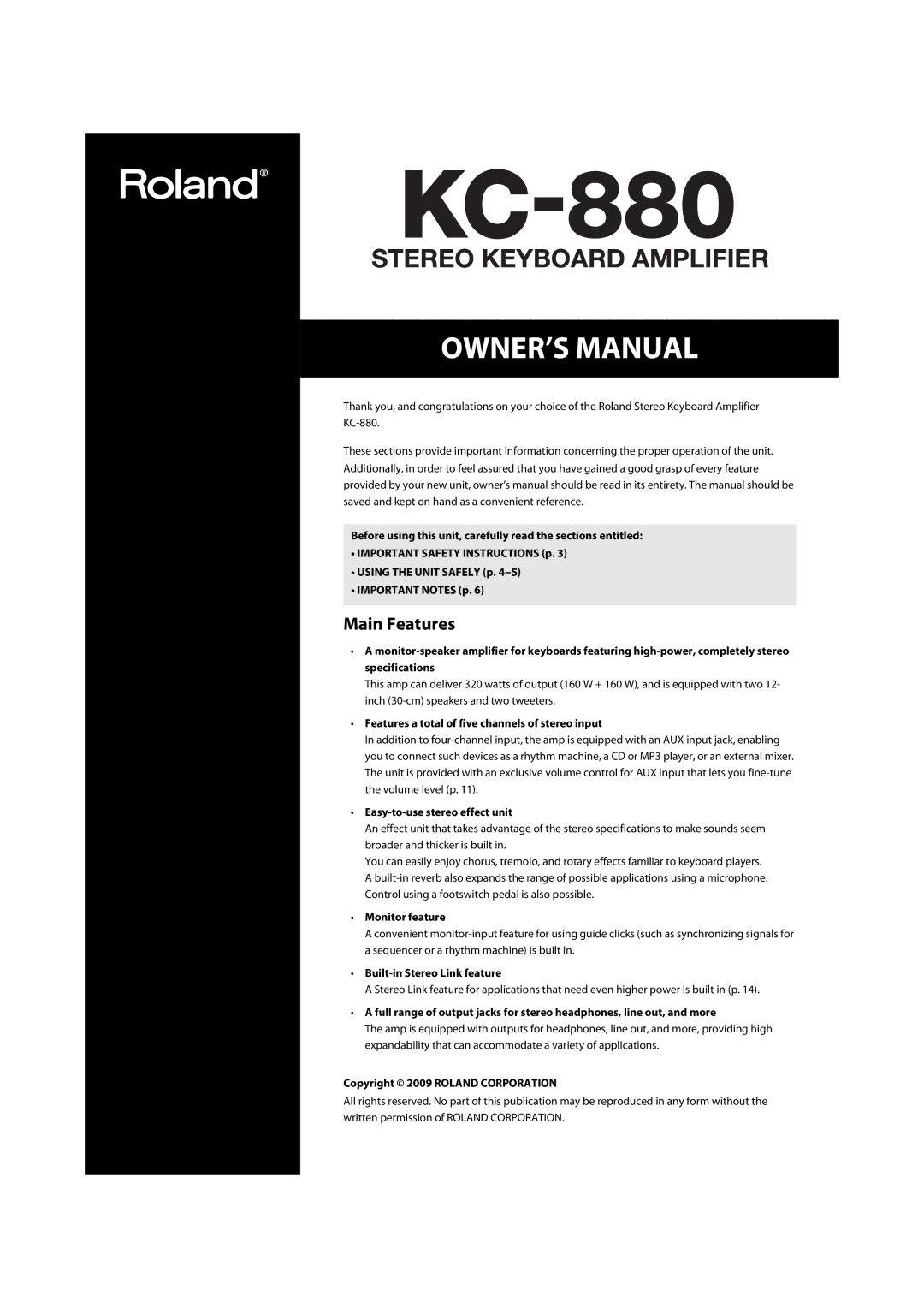 Roland KC-880 owner manual Main Features 