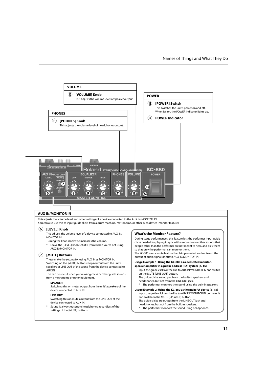 Roland KC-880 owner manual Volume, Phones, Aux In/Monitor 