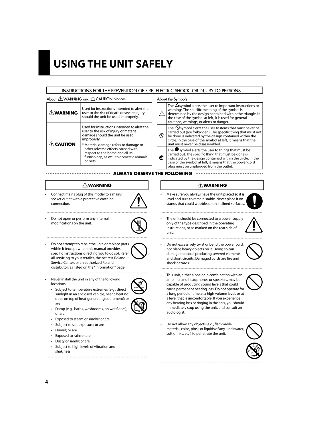 Roland KC-880 owner manual Using the Unit Safely 