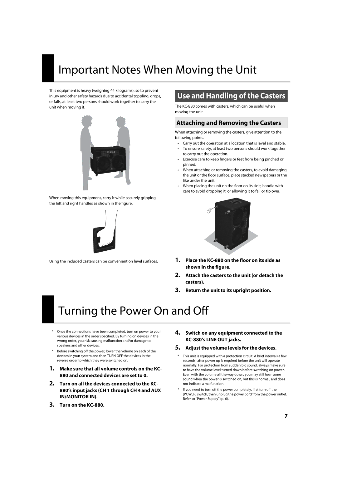 Roland KC-880 Important Notes When Moving the Unit, Turning the Power On and Off, Attaching and Removing the Casters 